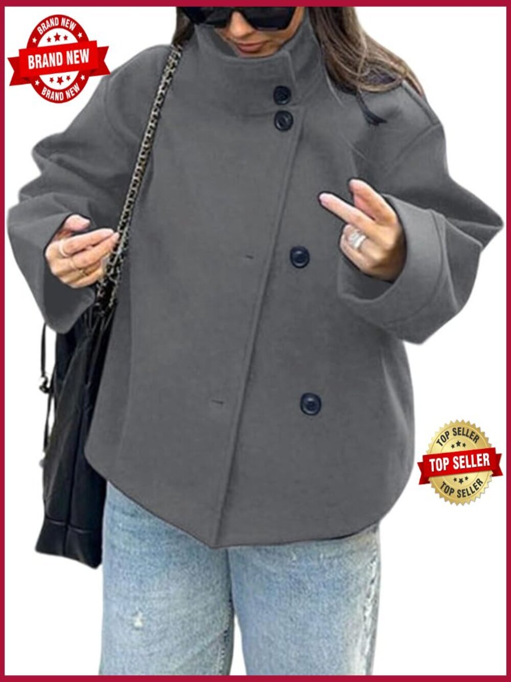 Women's Crop Pea Coat Wool Blend Winter Loose Casual Short Jacket Outwear